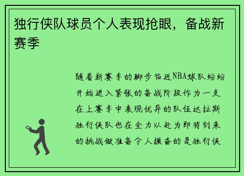 独行侠队球员个人表现抢眼，备战新赛季